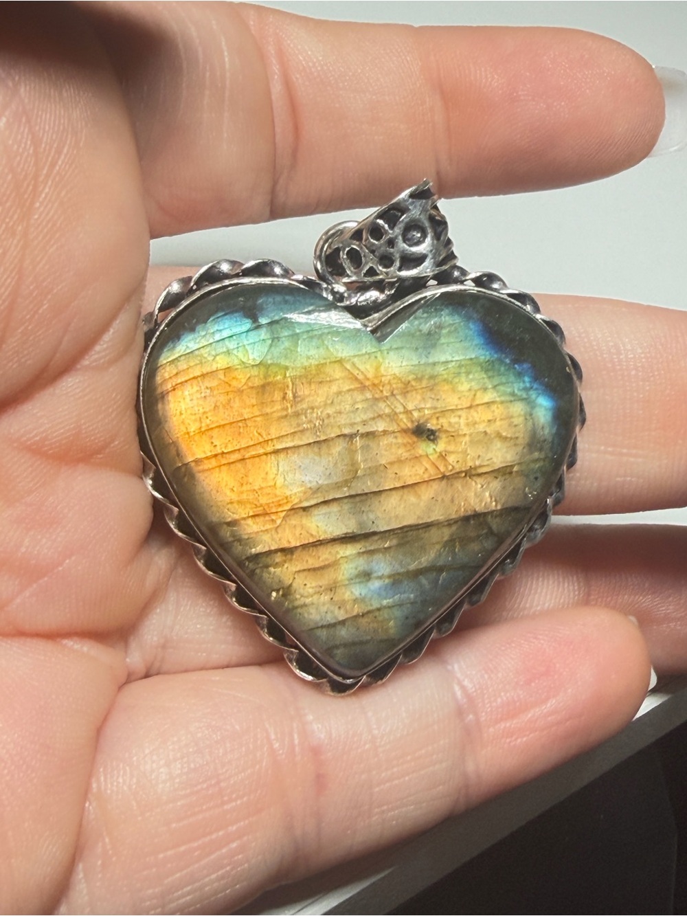 Labradorite Pendant | Gold Teal Flash | Heart | 925 Stamped | 1.75 Inches